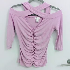 Pink Cold-Shoulder Cutout 3/4 Sleeve Ruched Shirt XS